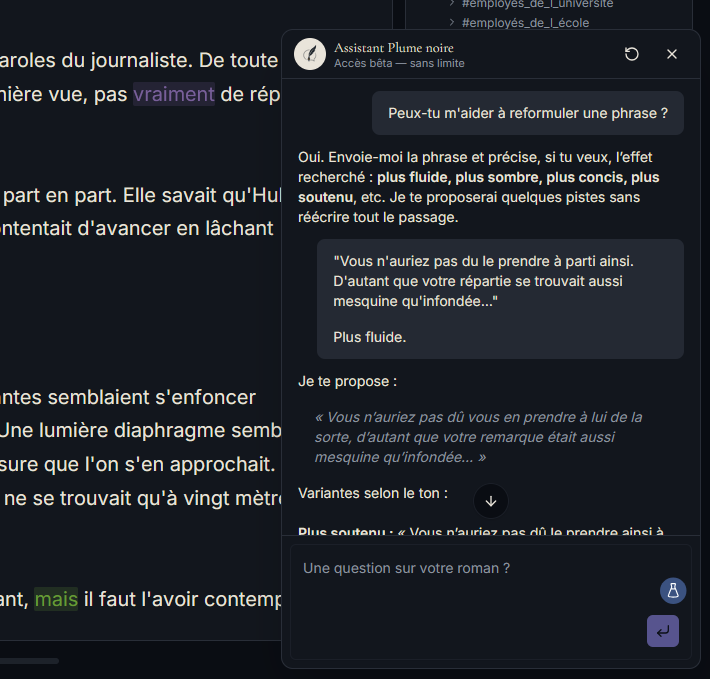 L'assistant d'écriture intégré à Plume noire